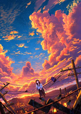 Anime Girl on Power Lines Sunset