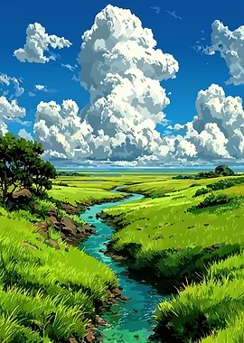 Lush Green Landscape with Stream