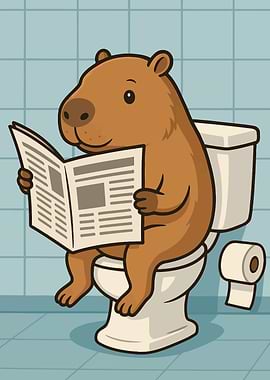 Capybara reading newspaper on toilet