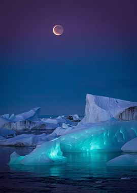 Moon over Icebergs at Night