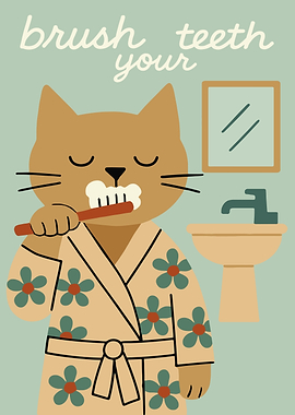 Cat Brushing Teeth Illustration