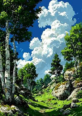 Lush Green Forest Landscape with Blue Sky