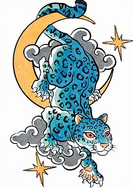 Blue Leopard on Moon and Clouds