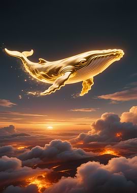 Golden Whale Flying Over Fiery Clouds
