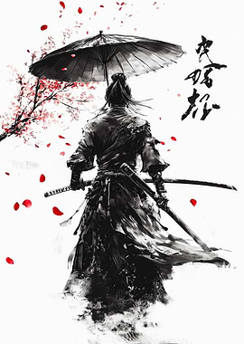 Samurai with Umbrella in Ink Style