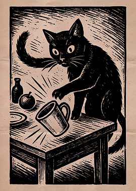 Mischievous Black Cat Woodcut