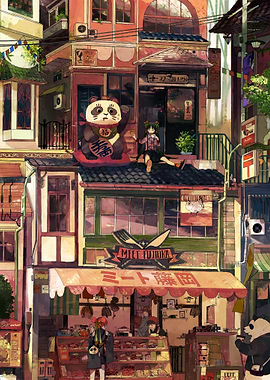 Anime-style Japanese Townscape with Panda