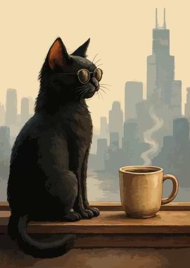 Cat with Glasses and Coffee
