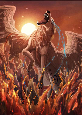 Winged Wolf Howling in Fire