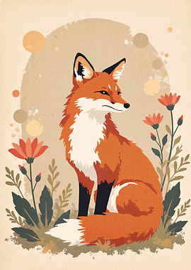 Fox with Flowers Illustration