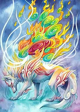 Okami Amaterasu Watercolor Illustration