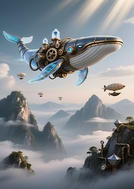 Steampunk Whale Airship Over Misty Mountains