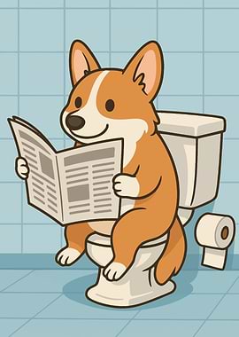 Corgi Reading Newspaper on Toilet