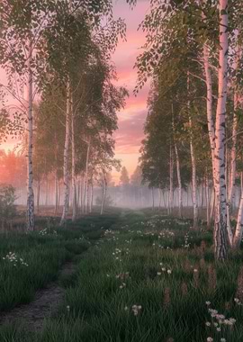 Birch Forest Path at Sunset