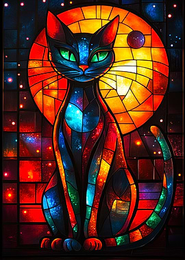 Stained Glass Cat with Moon