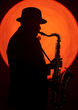 Silhouette of Saxophone Player with Orange Backdrop