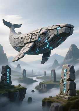 Stone Whale Over Mystical Landscape