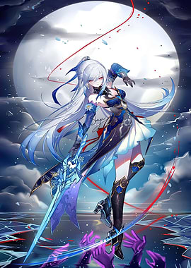 Anime Girl with Sword and Moon