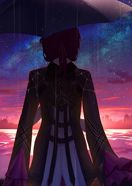 honkai Character in Rain with Umbrella