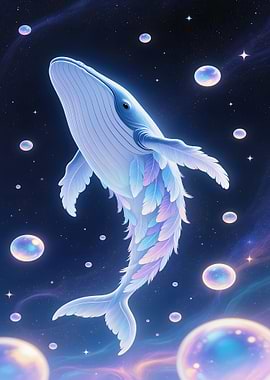Celestial Whale with Feathers in Space