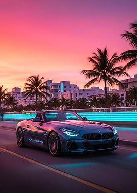 Blue BMW Z4 M40i Convertible Car at Sunset in Miami