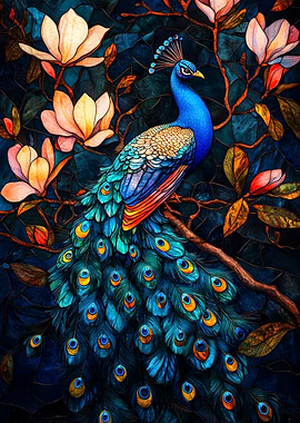 Peacock and Magnolia Flowers Art