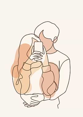 Minimalist Couple Selfie Line Art