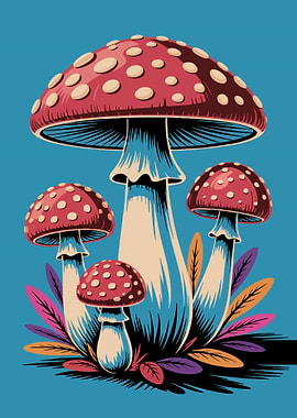 Amanita Mushroom Illustration on Blue Background
