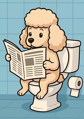 Poodle Reading Newspaper on Toilet