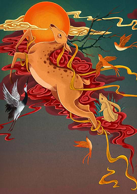 Deer, Crane, Rabbit, and Birds Art