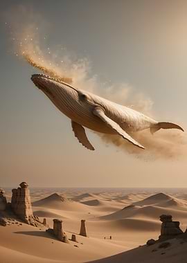 Whale flying over desert landscape