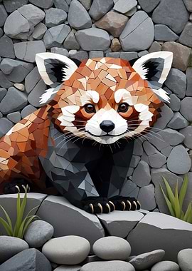 Mosaic Red Panda on Stone Wall