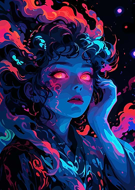 Neon Woman Portrait with Glowing Eyes