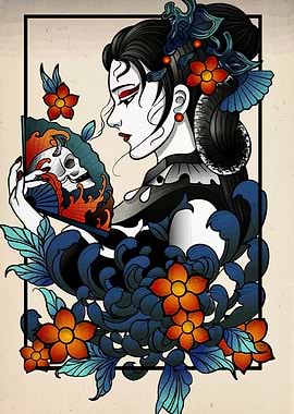 Geisha with Skull Fan Illustration