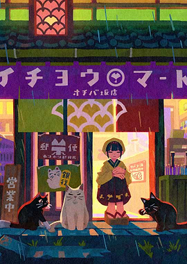 Rainy Japanese Shopfront with Cats