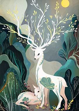Deer and Fawn in Forest Illustration