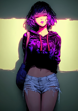 Anime Girl in Hoodie and Shorts