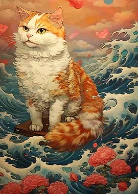 Cat Surfing Waves with Flowers
