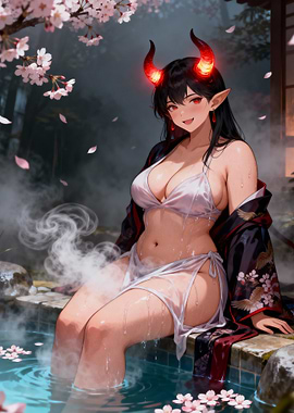 Demon Girl in Onsen with Cherry Blossoms