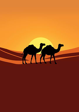 Camels in the Desert Silhouette