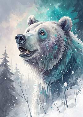 Watercolor Bear in Winter Forest