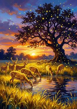 Deer Drinking at Sunset
