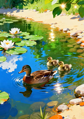 Duck and Ducklings in Pond
