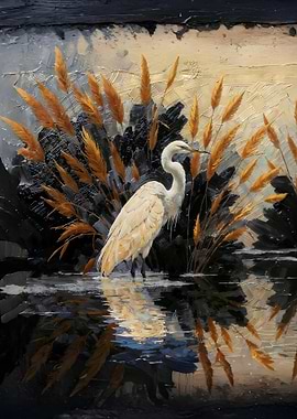 Egret in Marsh Painting