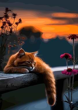 Sleeping Cat at Sunset
