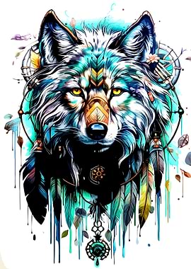 Wolf with Dreamcatcher Digital Art