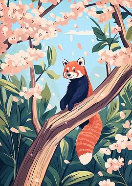 Red Panda in Cherry Blossom Tree