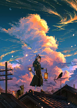 Rooftop Guardian with Lantern and Companions