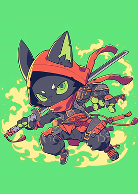 Ninja Cat Warrior with Swords