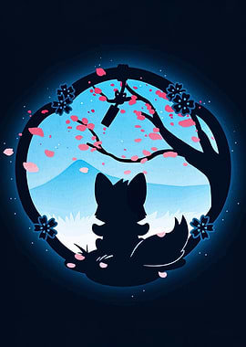 Fox Silhouette with Cherry Blossoms